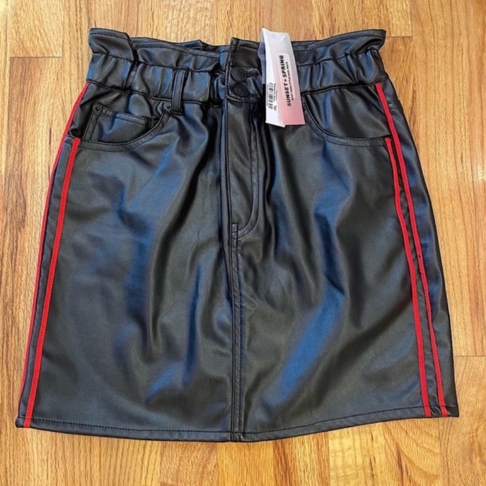 Sunset + Spring black faux leather mini skirt with red side stripes